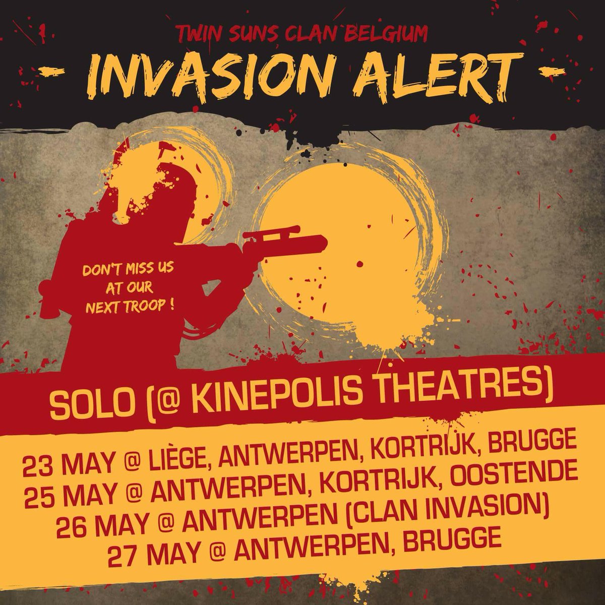 Are you planning to go see the new #HanSolo movie this week? Twin Suns will join you in multiple #Kinepolis to animate your evening and have some fun with #StarWars fans! Liège, Antwerpen, Kortrijk, Brugge, Oostende... Come and meet us along with the Rebel Legion and 501st!