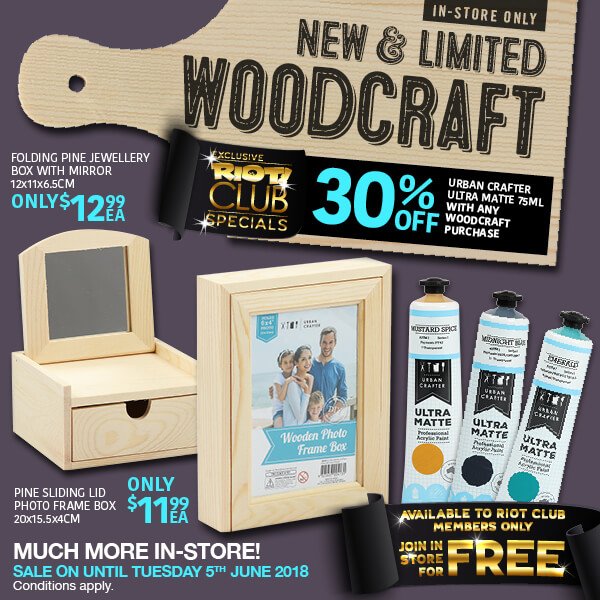 riotstores's tweet photo. Add a touch of woodcraft to your home decor. Keep it raw, seal it or paint it to match your favourite colour palette. Receive 30% OFF Urban Crafter Ultra Matt Paint 75ml tubes with any woodcraft purchase. Offer is only available until Tuesday 5th June 2018. https://t.co/e6hKTwhyWk