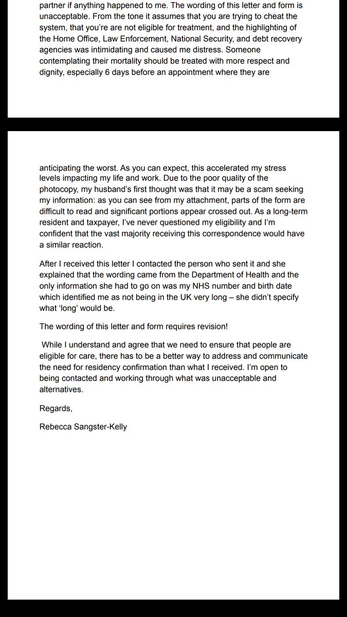 rsangsterkelly's tweet photo. After a #BreastCancer scare and receiving an unacceptably written letter &amp; form (included in thread) from the Department of Health, via my NHS Trust, I wrote the following to my MP @RosieDuffield1 and CCd: @jeremy_hunt @CMO_England @PHE_uk @NHSEastKent @DHSCgovuk
#cancer #Health https://t.co/Xxw3bmtM2K