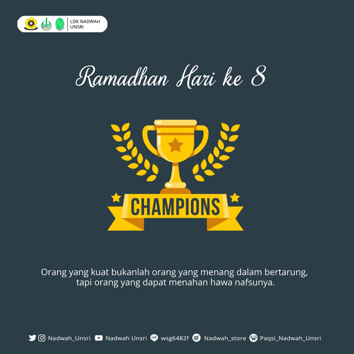 Assalamualaikum waramatullah wabarakatuh

Alhamdulillah sudah puasa ke 8
Yang masih semangat puasanya,  takbir...!

#MMC_WeShareWeCare
#Informatif_terpampang_nyata
👍Fanpage : UKM LDK nadwah Unsri
📷Instagram : nadwah_unsri
📱Line@ : @wsg6482f
🎥Youtube : Nadwah Unsri