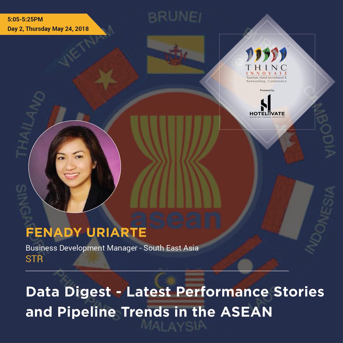 Hotelivate's tweet photo. Fenady Uriarte of @STR_Data gives a brief on performance stories and pipeline trends of the ASEAN at the THINC INNOVATE conference.

#THINC2018 https://t.co/YS9GrbgDHk