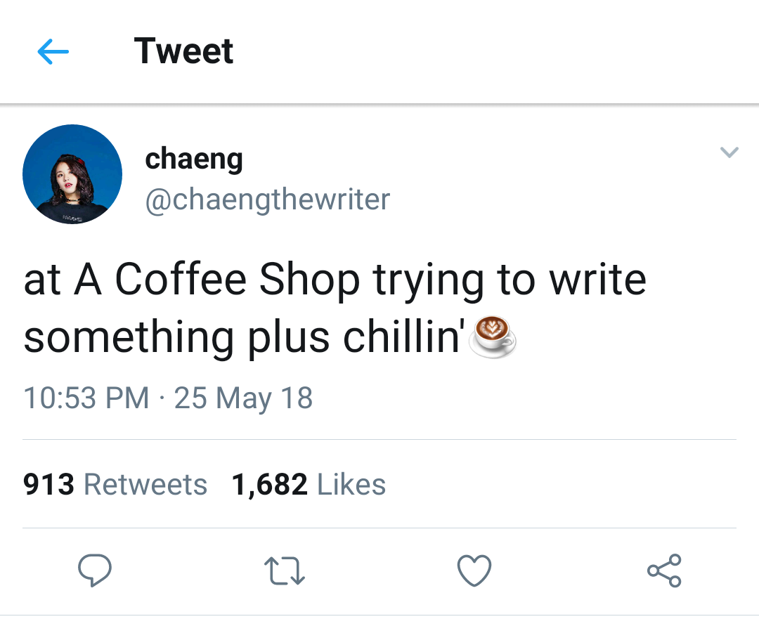 Tzuyu ordered coffee and sat on a table she opened her twitter the first thing she checked was her favorite author Son Chaeyoung. "Oh She's in a coffee shop." Tzuyu said to herself and when she faced the table infront of her she was totally shocked.