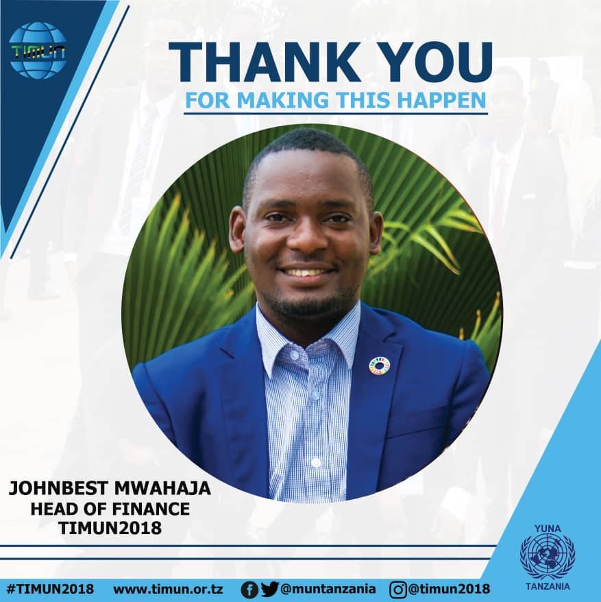 YUNA_Tanzania's tweet photo. Thank you to the Organizing Committee, hon. delegates, participants and our sponsors for making the #TIMUN2018 a huge success! | John Best Mwahaja | Head of Finance @Johnie_ze_Best @YUNA_Tz
@UNICDaressalaam
@UnitedNationsTZ
Poster designed by @Alamini_2 https://t.co/y4EDqVvf41
