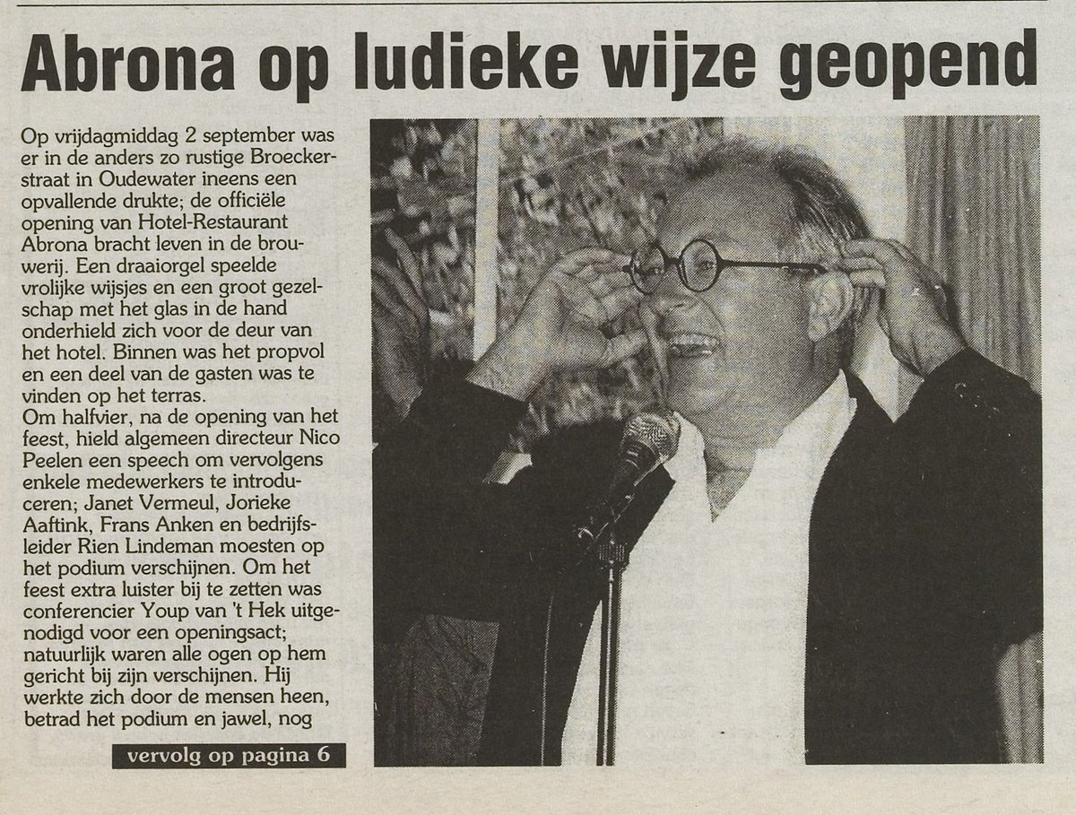 GemOudewater's tweet photo. Vanmiddag om 14.00 uur heropent staatssecretaris @tamaravanark van @MinisterieSZW het verbouwde hotel-restaurant @HotelAbrona in de Broeckerstraat in #Oudewater. De opening op 2 september 1999 nam @youpvanthek voor zijn rekening. https://t.co/mfJBWAj5ea