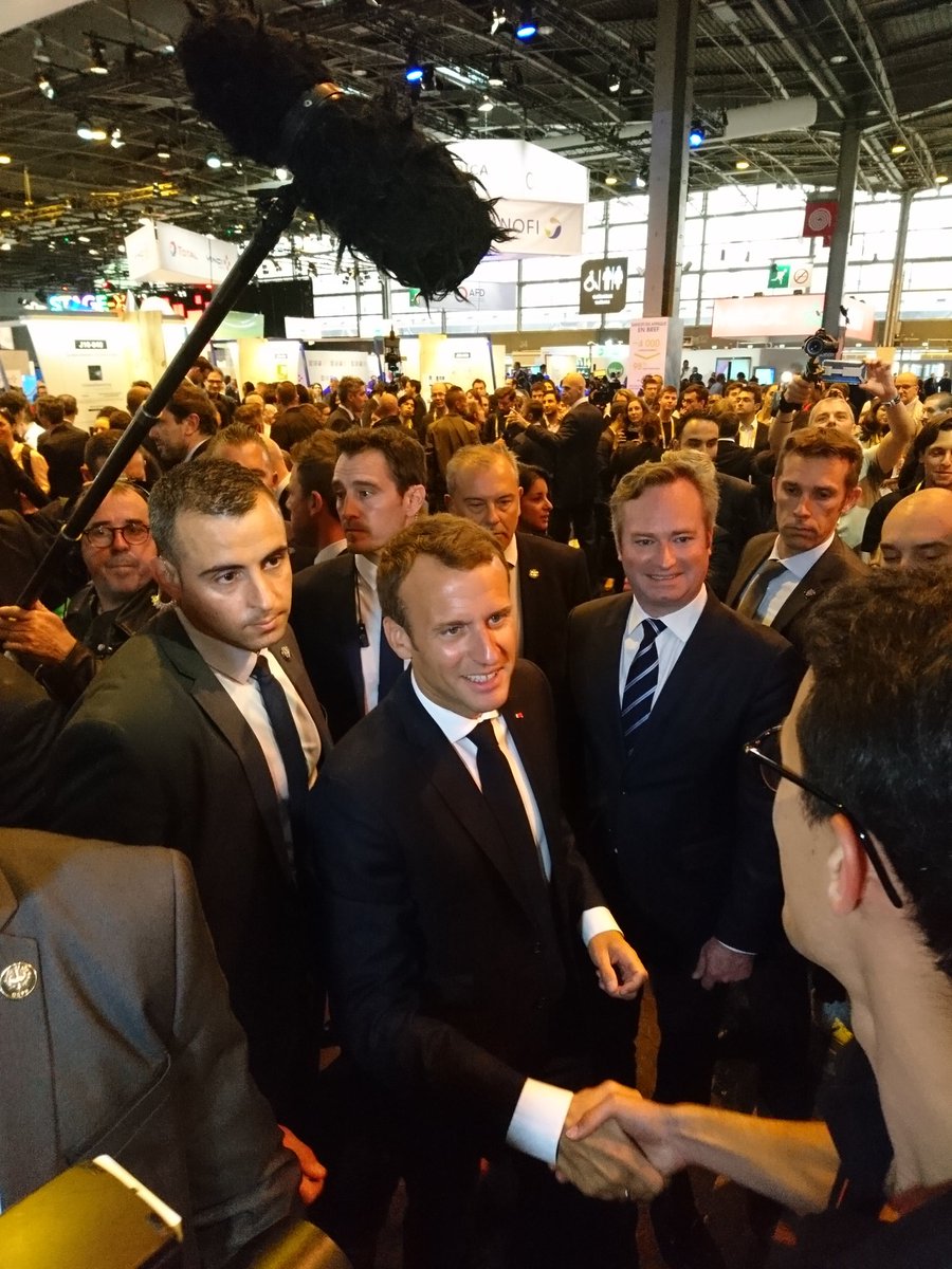 Even <a href="/EmmanuelMacron/">Emmanuel Macron</a> finally reached our booth to talk about #AI We got to talk about #recruitment issues for #tech companies. #Vivatech2018