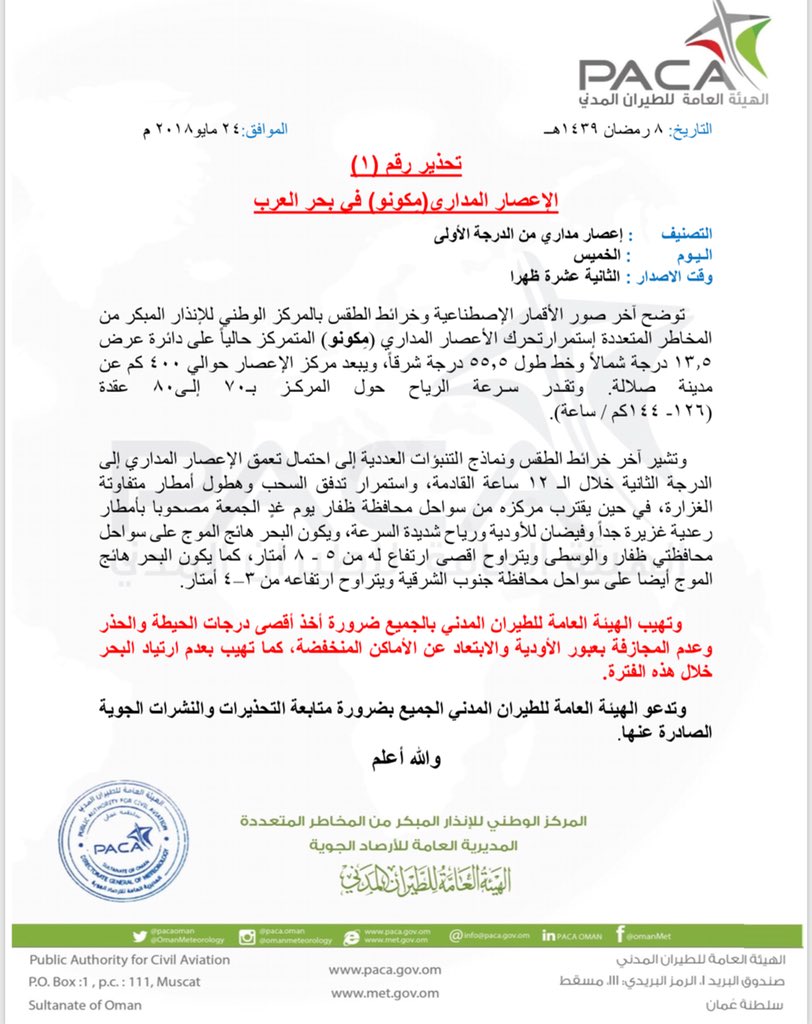 تحذير رقم (١)
إعصار #مكونو 
#ميكونو
#بحر_العرب
#مستجدات_الحالة_المدارية