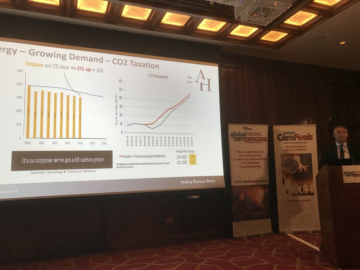 DrRobMcCaffrey's tweet photo. Future carbon emission prices of Euro50/t forecast by Andy Hill of Cynosure, at Global #CemProcess https://t.co/al4daUrqCI