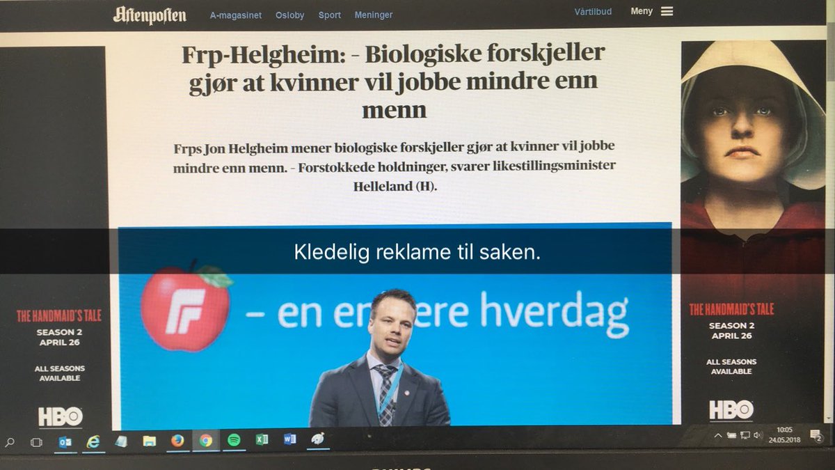 Kledelig reklame fra #HandmaidsTale til <a href="/HelgheimJon/">Jon Helgheim</a> sine utdaterte holdninger til kvinner og arbeid. aftenposten.no/norge/i/5VzwpE… #dax18 #likestilling