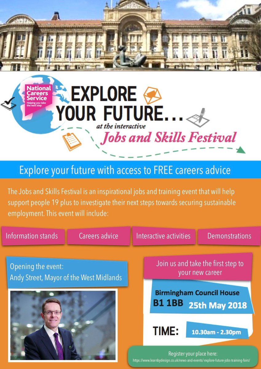 3aaaUKBham's tweet photo. Book in this date!

Looking to progress your job into to a career then join us at the Explore Your Future Skills Festival at Birmingham Council House on Friday 25th May 2018 at 10:30 -2:30pm.  #Exploreyourfuture 

Register now: https://t.co/3u4CDnbndw https://t.co/UKBmNSILqe