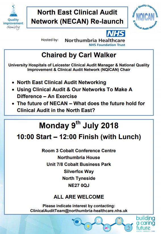 Pleased to announce that our #northeast regional #clinicalaudit network is holding a relaunch event on 9th July organised & hosted by @J_Thompson17 @NorthumbriaNHS & chaired by @cwwalker10. Further details below / on #NNSF  
Pls share #powerofthenetwork 

forum.nqican.org.uk/viewtopic.php?…