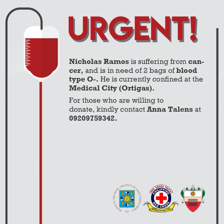 USTRCYC_AMV's tweet photo. URGENT!
Nicholas Ramos is in need of 2 bags of blood type O-.
Donate blood. Save lives. Be a hero!
#RCYCares
#OneAMVOneRCYC https://t.co/wXohqlmDmY