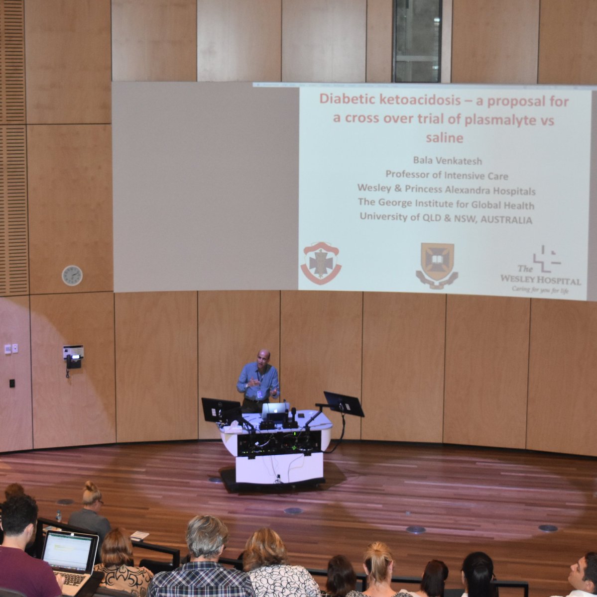 qccrn's tweet photo. Prof Bala Venkatesh presenting to @qccrn his proposal for a DKA cross over trial of plasmalyte vs saline. Generated some great discussions at the #qccrf. Will this be the next collaborative study for QLD to take on? https://t.co/Cl5HBYnp03