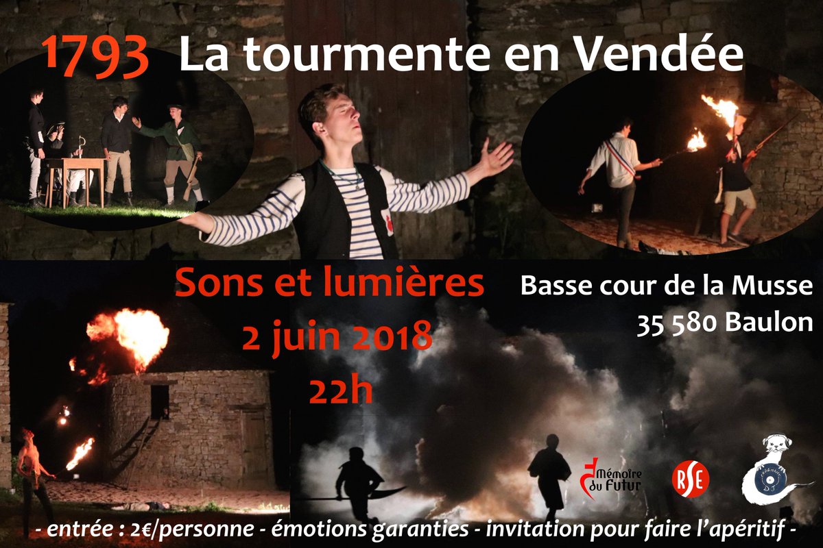 ChouanC's tweet photo. " 1793 : La tourmente en #Vendée "
Sons et lumières près de #Rennes le samedi 2 juin à 22h.

#émotionsgaranties #Terreur #GuerresdeVendée #Génocide #Vendée93 #Mémoricide 
Avec le soutien de @MemoireDuFutur @RSecherEditions et #CharmantDJ
Infos :https://t.co/WyDX5Gwr8i https://t.co/N6PHPfsO7i