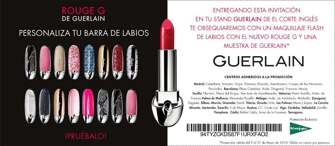 demuestras's tweet photo. Si pasas por un stand de @guerlain_es en @elcorteingles podrás conseguir una sesión de #maquillaje y una #muestra de #Guerlain Solo tienes que imprimir este cupón https://t.co/KLTsh4fG5Y