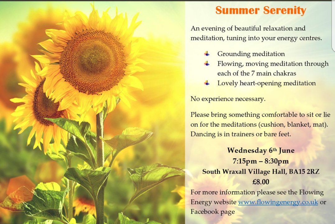 ChakraFlowDance's tweet image. Summer is here! Come and relax in #meditation and shake your #chakras at my special Summer Serenity session 💖 Wednesday 6th June 7:15pm-8:30pm at #Southwraxall village hall (only a few mins drive from Bradford on Avon, Bath &amp;amp; Chippenham)