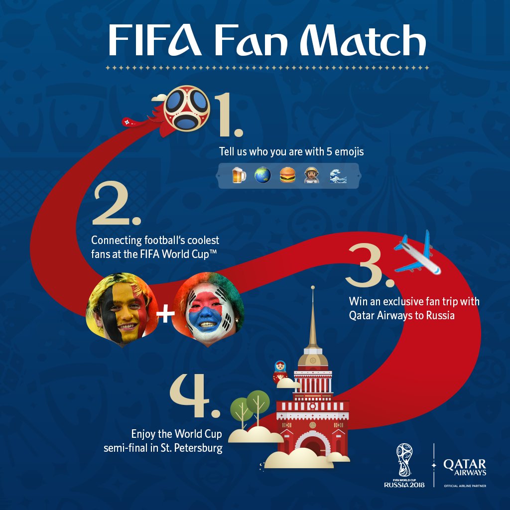 Only one more day left Tell us who you are in 5 emojis and share it by using #FIFAFanMatch and <a href="/FIFAWorldCup/">FIFA World Cup</a>. You can win a match with football’s coolest fans. #QatarAirways

T&amp;Cs apply: bit.ly/2wZ1i8j