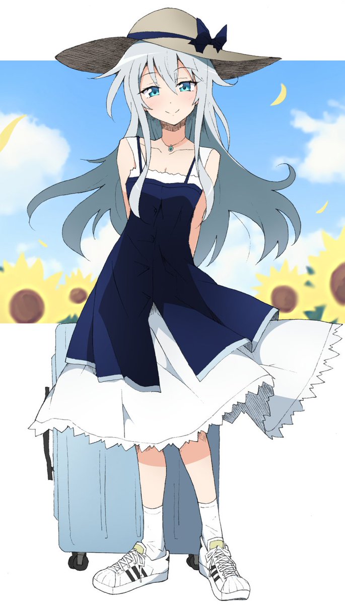 hibiki (kancolle) 1girl hat solo long hair dress sunflower blue eyes  illustration images