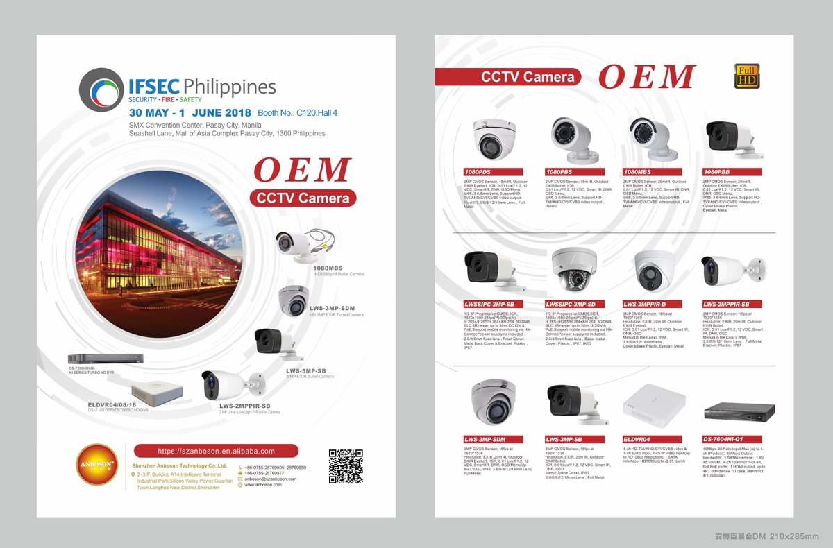 Dear All, Welcome to visit our booth in IFSEC 2018.
IFSEC Philippines 2018
SMX Convention Center Pasay City, Manila
Time: 30 May-1 June, 2018
Booth NO.: C120, Hall #4
Address: Seashell Lane, Mall of Asia Complex Pasay City, 1300 Philippines.
szanboson.en.alibaba.com