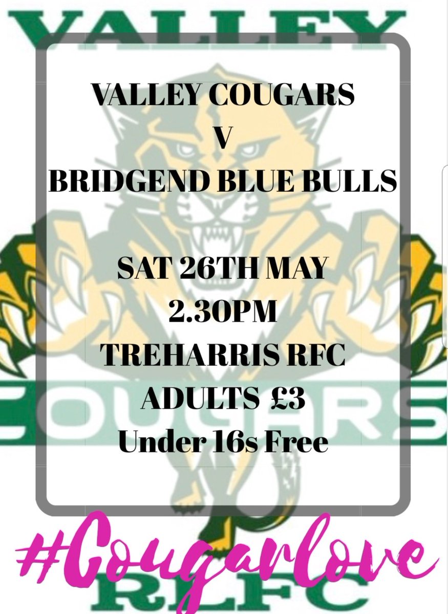 This weekend we host <a href="/BlueBullsRL/">BridgendBlueBulls RL</a> up <a href="/TrePhoenixSnrs/">TreharrisPhoenix</a> 2.30pm kick off come and support the lads and enjoy a great game of rugby league #cougarlove <a href="/WalesRugbyL/">Wales Rugby League</a> <a href="/dafhell/">dafydd</a> <a href="/scottiebrit/">scott britton</a> <a href="/LeeGoddard15/">Lee Goddard</a> <a href="/biz1984/">Liam Price</a> <a href="/MikeHurley1213/">Mike Hurley</a>