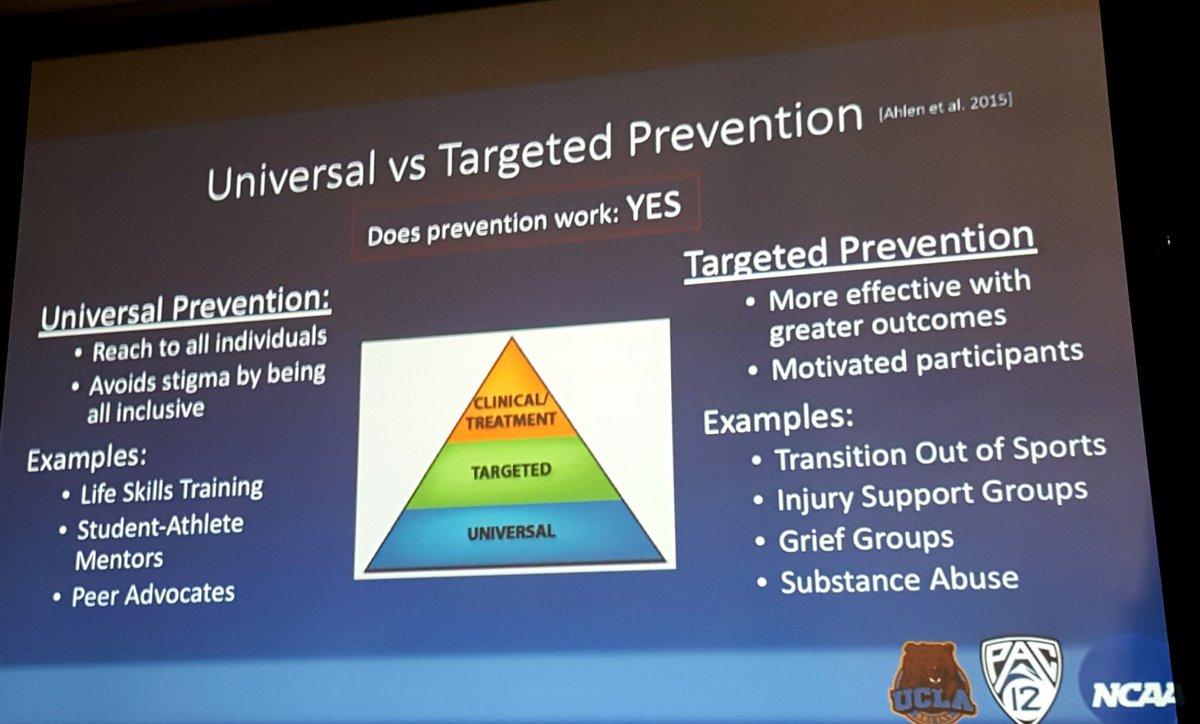 griz1's tweet photo. Distinctions between universal vs targeted prevention. Important in considering #athlete #mentalhealth. @AmickMichael @pac12 #Pac12SAHC @UCLAHealth @UCLAAthletics @UCLASemel @UCLASemelFriend https://t.co/lda6jw17HP