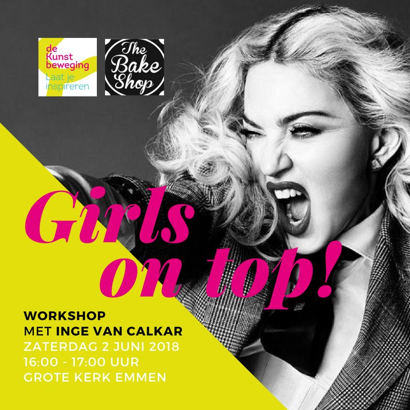 2 juni in Emmen: Workshop Girls on Top! door <a href="/ingevancalkar/">Inge van Calkar</a> 
Organisatie <a href="/DeKunstbeweging/">De Kunstbeweging</a> <a href="/bakeshopemmen/">The Bake Shop Emmen</a> 
Aanmelden via dekunstbeweging.nl/nieuws-en-agen…