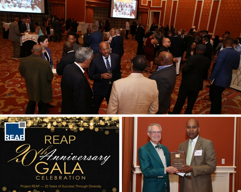 ProjectREAP's tweet photo. REAP celebrated 20 Years with a gala at the @WynnLasVegas during #ICSCRECon! Sponsored by @ICSC. Over 150 REAP alumni &amp; supporters celebrated. REAP Board Chair Lamont Blackstone honored REAP Founder Mike Bush for his work &amp; vision of diversity in #CRE. @ICSC_RECon #ProjectREAP20 https://t.co/HquNgkXp17