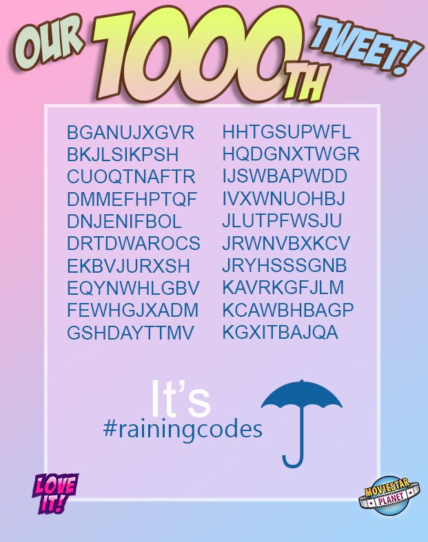 MSP_world's tweet image. We posted our 1000 tweet &amp;amp; it did not go unnoticed!! We would like to celebrate! ☔️It's raining codes! #msptwitter #rainingcodes

First come first serve! 🌞