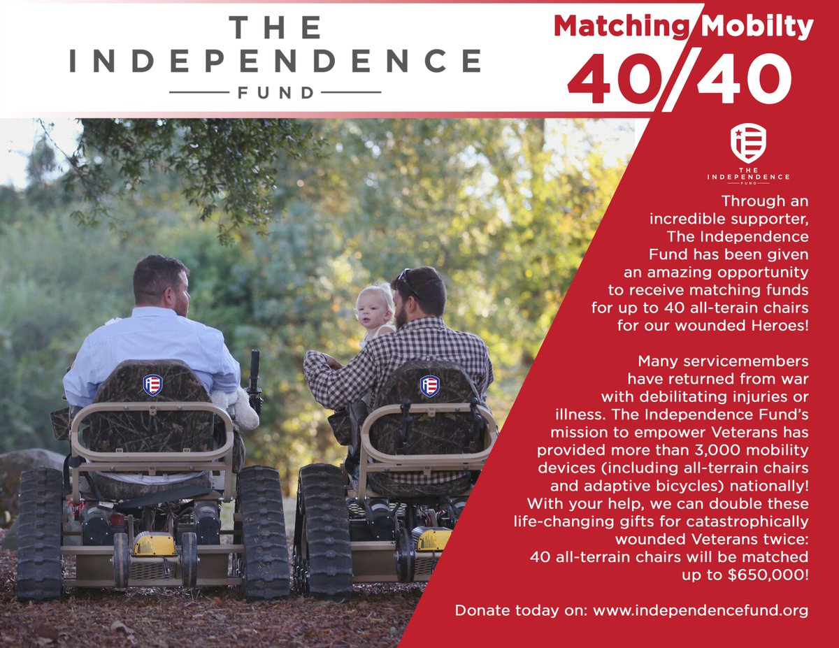The Independence Fund received a tremendously generous offer to match all funds for up to 40 all-terrain chairs. That’s nearly $650,000! Every donation matters, so help us #BeAHeroForAHero and give 80 of these life-changing chairs today at: independencefund.org