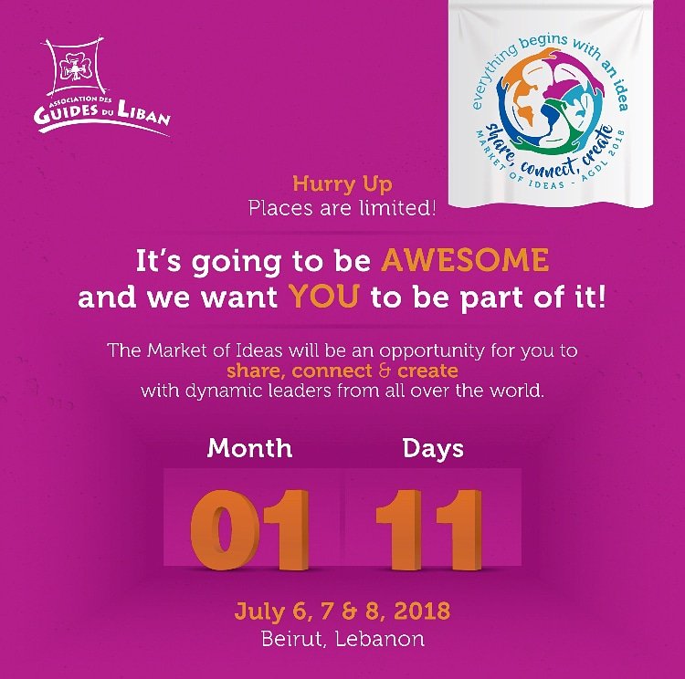 guidesduliban's tweet photo. Count down just started! Hurry up! Share connect and create ideas at the Market of ideas - International Forum for Leaders from all over the World #Marketofideas_AGDL2018 #WAGGGS #ShareConnectCreate #Forumforleaders #Lebanon @wagggs_world @WAGGGSdelegates @EuropeRegion https://t.co/0yOG30Ij1z