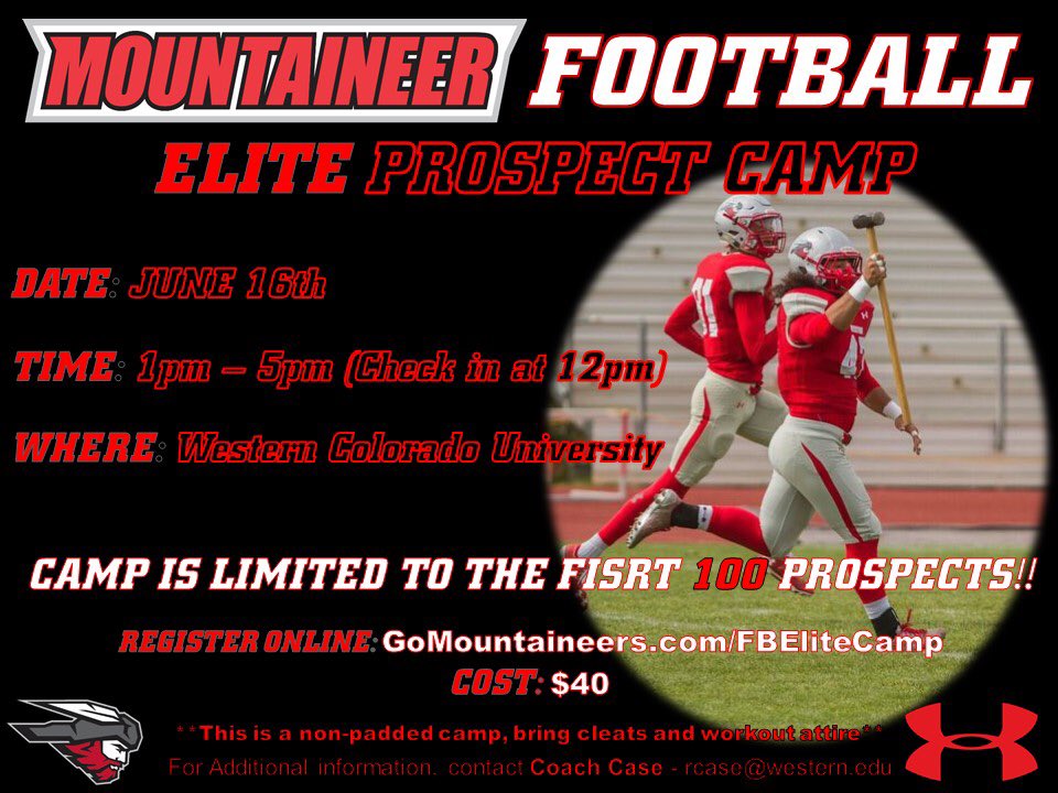 🚨🚨Registrations continue to fly in for our June 16th Elite Camp. Make sure you sign up to reserve your spot. Open to the first 100 prospects. Come train in the highest football field in the world!!!🏔🏔 <a href="/MountaineerFB/">Western Colorado Football</a> #thinaircrew #MountUp