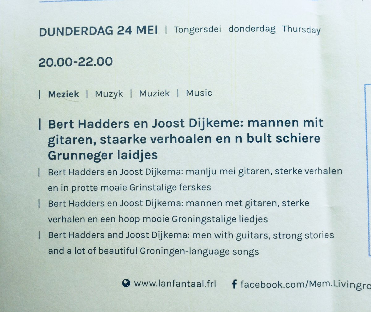 louisstraatman's tweet photo. Vanavond live in paviljoen MeM @lanfantaal @leeuwardenstad een optreden in de Groningse streektaal door #BertHadders @BertNozem en #JoostDijkema. #Grunnen #mooiman #goudja https://t.co/POFoVLYwUk