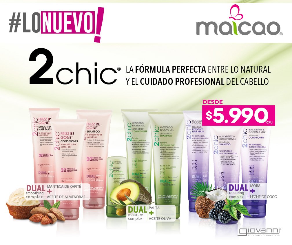 Maicao_cl's tweet photo. Ven a nuestras Tiendas o compra online en este link ► https://t.co/p7KkIhcQoZ los nuevos productos capilares #2CHIC; la fórmula perfecta entre lo natural y el cuidado profesional del cabello 💆♀️✨ https://t.co/0R36c97quI