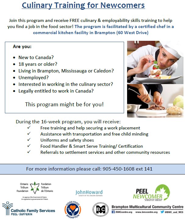 immigrationpeel's tweet photo. Are you a #newcomer? Interested in working for the #culinary sector? Then this program might be for you! "Culinary Training for Newcomers" is a #FREE 16-week culinary and #employability skills #training to help you find a job in the food sector! https://t.co/X5eWaxqAec