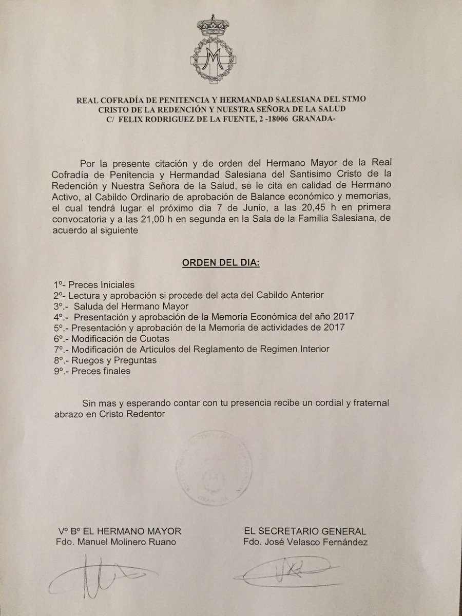 RedencionySalud's tweet photo. Cabildo Ordinario próximo día 7 de junio a 20.45 hs primera convocatoria 21.00 segunda. Sala de Familia Salesiana. Colegio D Bosco del Zaidin. https://t.co/eksRDFIVJt