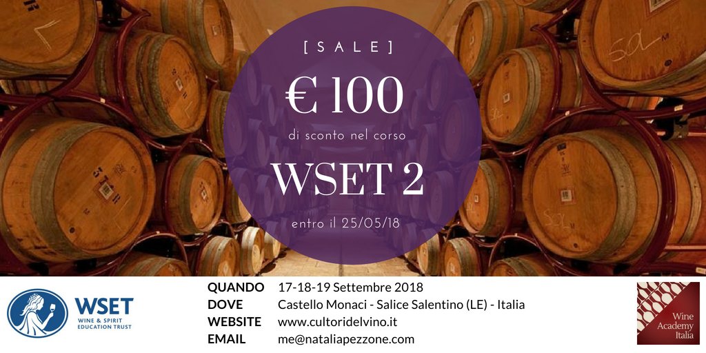[WSET ON SALE] Fino al 25/05 puoi accedere ad uno SCONTO di €100 sul prezzo del corso #WSET2 a <a href="/castellomonaci/">Castello Monaci</a> di settembre. Qualifica internazionale, libri e pranzo compresi, in inglese. Info: bit.ly/2IJnANg #WSET #winelover