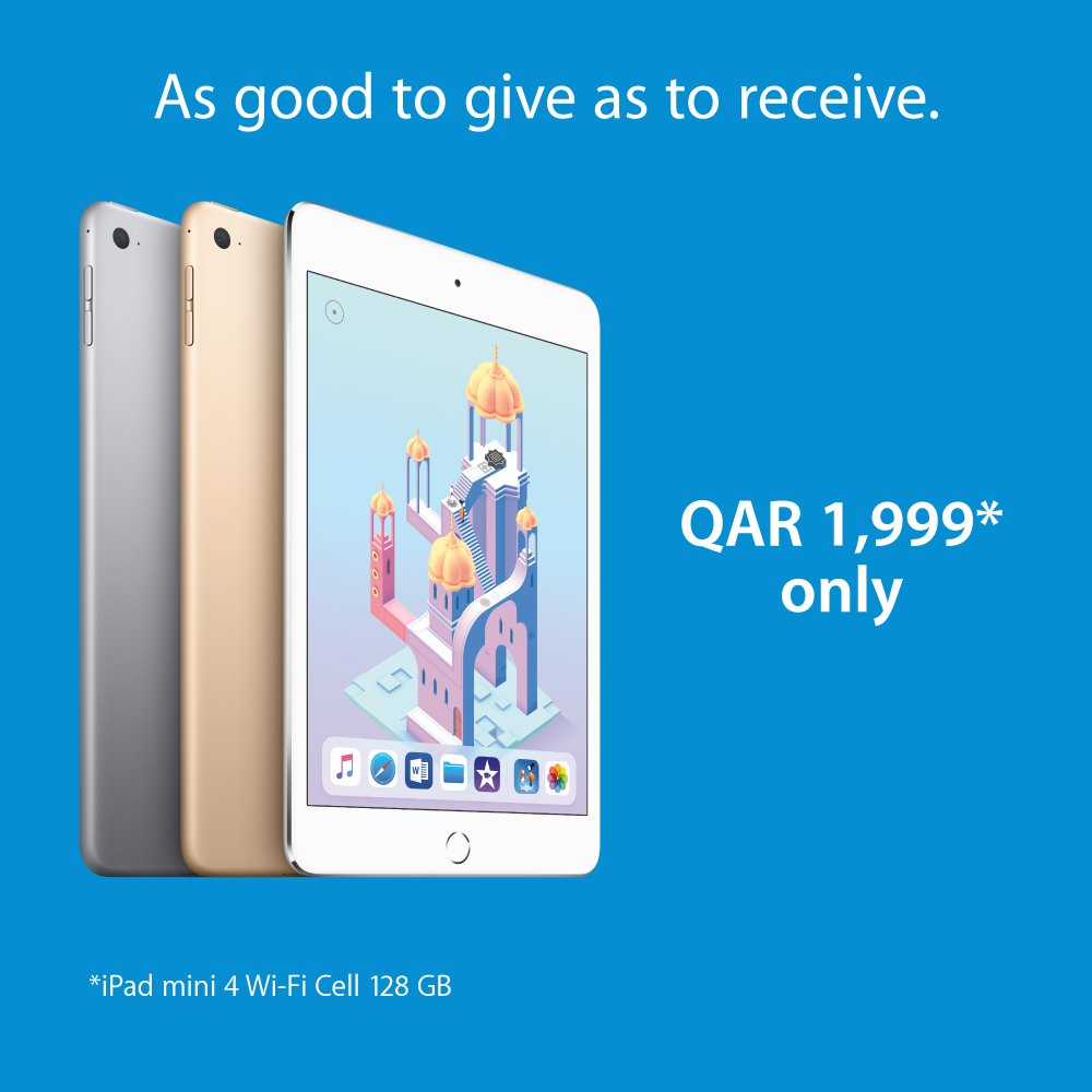 iSpotQatar's tweet photo. “Ramadan Offer” - iPad mini 4 Wi-Fi + Cellular 128 GB available in Space Grey, Silver &amp; Gold colours for only QAR 1,999.
(*)t&amp;c apply. Offer valid till stock lasts. https://t.co/vf0MPaMiPh