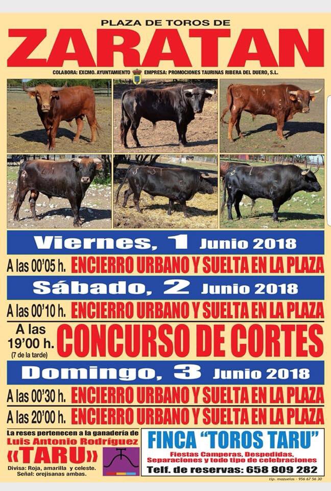 SentirTaurino1's tweet photo. ZARATÁN (VALLADOLID)

- Viernes, 1 de junio, 00.05 horas: encierro urbano y suelta en la plaza. 
- Sábado, 2
  . 00.10 h: encierro urbano y suelta en la plaza.
  . 19 h: concurso de cortes.
- Domingo, 3
  . 00.30 y 20 h: encierro urbano y suelta en la plaza. https://t.co/WLNRNpmrBs
