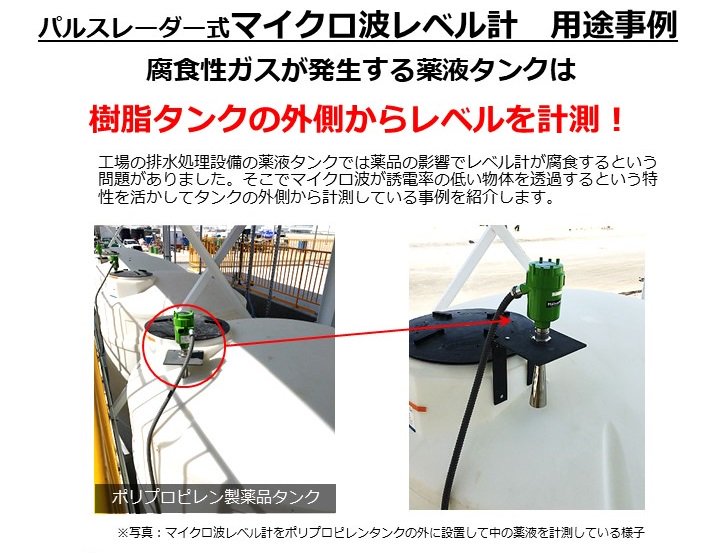 マツシマメジャテック 公式 防災 環境 安全の見える化に挑戦する Pa Twitter マイクロ波レベル計 は樹脂タンクの外側から計測ができる 薬液タンクは薬品の影響で レベル計 が腐食する問題がありました そこでマイクロ波が誘電率の低い物体を透過するという