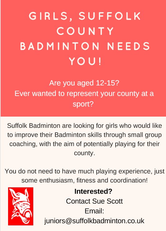 Suffolk Badminton are looking to run some girls only sessions, more details below!