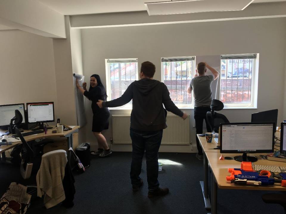 WebpresenceUK's tweet photo. This week we put up our new magical whiteboard stickers... 3 #YoungProfessions 2 hours and 1 injury later... We're all set! 😂 #MaccHour https://t.co/8yo1tWhFzx