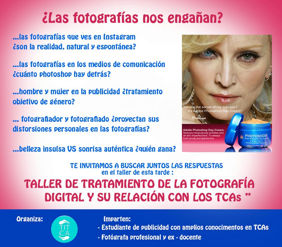 Hoy en el <a href="/CentroTITCA/">Centro TITCA</a> vamos a tener una sesión súper especial en nuestro grupo de imagen corporal

Dos de las chicas del grupo han preparado para sus compañeras un taller sobre los engaños del Photoshop 

Estamos deseando que llegue esta tarde!! 😊