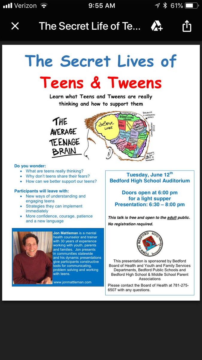 Mark your calendar...FREE parent program:

THE SECRET LIVES OF
TEENS &amp; TWEENS

Bedford HS
Tuesday, June 12th
* Dinner 6:00
* Presentation 6:30

<a href="/BedfordMAGov/">Town of Bedford, MA</a> <a href="/bedfordma/">bedfordma</a> 
<a href="/bedfordpd/">Bedford, MA Police</a> <a href="/bedfordfarms/">Bedford Farms</a> 
<a href="/BedfordPatch/">Bedford Patch</a>  <a href="/Bedford_Citizen/">The Bedford Citizen</a> 
<a href="/BedfordBucs/">BedfordBucs</a>  <a href="/BHSBucsParents/">BHSPA Parents</a> 
#Massachusetts