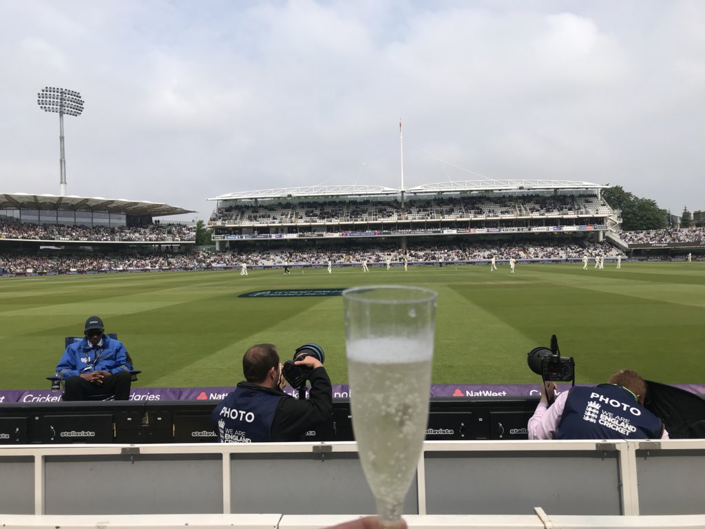 gunnersonwheels's tweet photo. Great to be back in the #MoundStand at @HomeOfCricket watching Test Cricket #EngvPak ๐ด๓ ง๓ ข๓ ฅ๓ ฎ๓ ง๓ ฟ - the first day of the summer! Occasion demands some bubbles! #LoveLords https://t.co/ZGcjxT7XC3