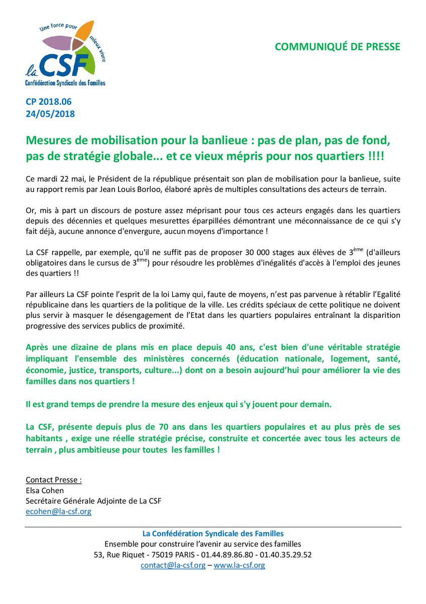 CSF_69's tweet photo. La CSF réagit au "Plan de mobilisation pour la banlieue" présenté par le Président Macron. https://t.co/4FneGAtusd