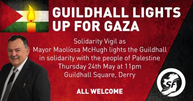 DerryEnquirer's tweet photo. GAZA SOLIDARITY VIGIL IN GUILDHALL TONIGHT - the Guildhall in Derry will be lit up in the colours of the Palestinian flag at 11pm to show support for the people of Gaza following the killings of civilians by the Israeli forces during ongoing demonstrations at the border barrier. https://t.co/FvjTQFcDLY