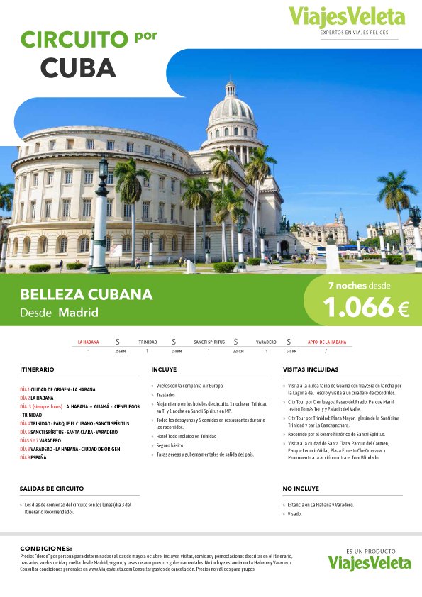 ViajesVeleta's tweet photo. #Viaje #Circuito por #Cuba 7 noches desde 1066 euros Iincluyen visitas, comidas y pernoctaciones descritas en el itinerario, traslados, vuelos de ida y vuelta desde Madrid, seguro; y tasas de aeropuerto y gubernamentales. https://t.co/KVlPB7NmGf https://t.co/acKPxXY7aO