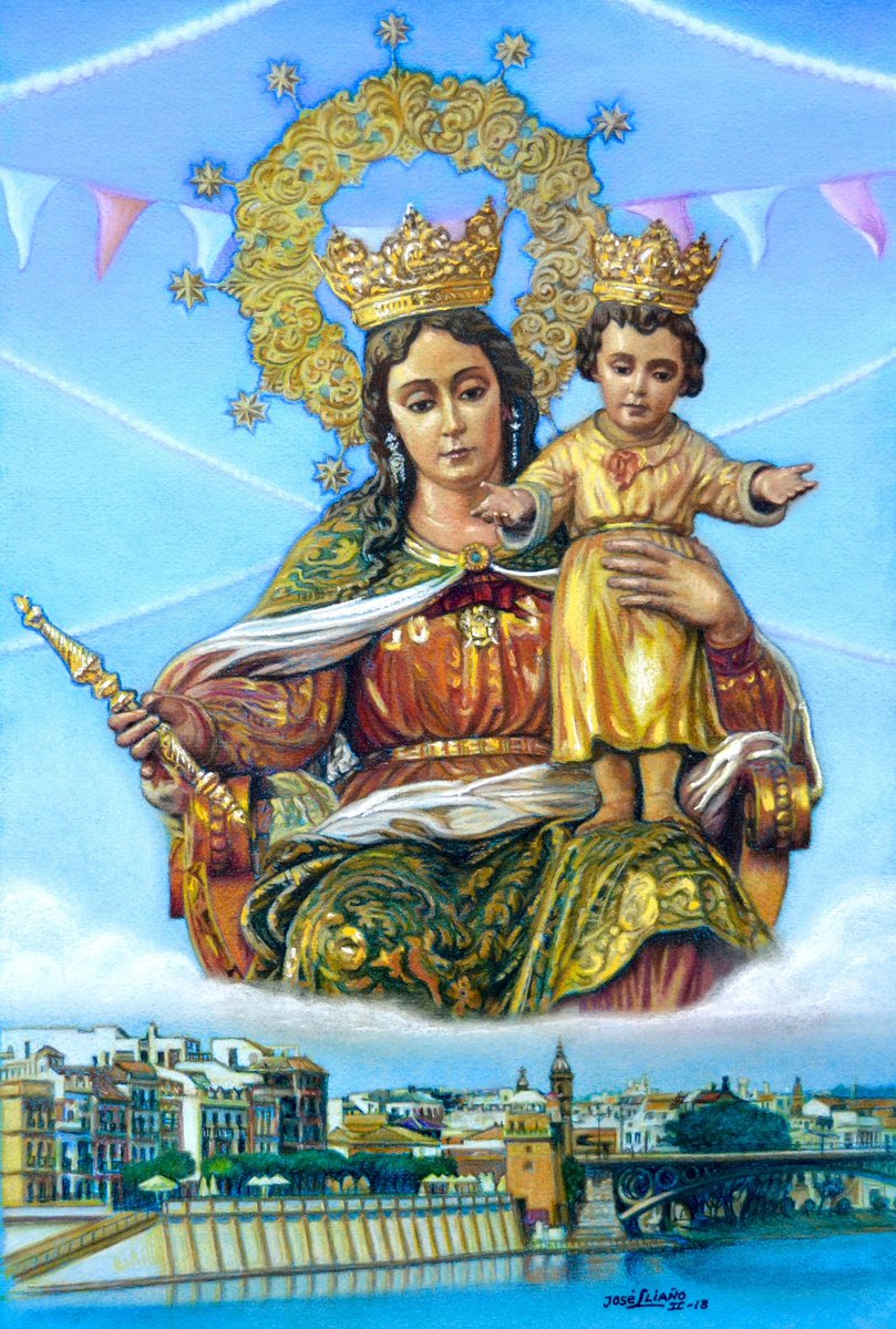 Fragmento dedicado a María Auxiliadora que Juan Manuel Labrador escribió y pronunció en el Pregón de las Glorias de Sevilla de este año y pintura, obra de José Luis Liaño, que aparece en el libro de dicho pregón.