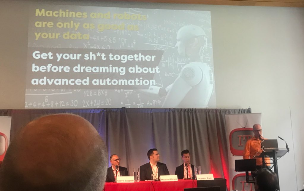 pasinikkanen's tweet photo. ”Get you sh*t (data) together, before dreaming about advanced automation.” @justingroupoy #NowBox18 @jpulma https://t.co/r8tdw5K1cv