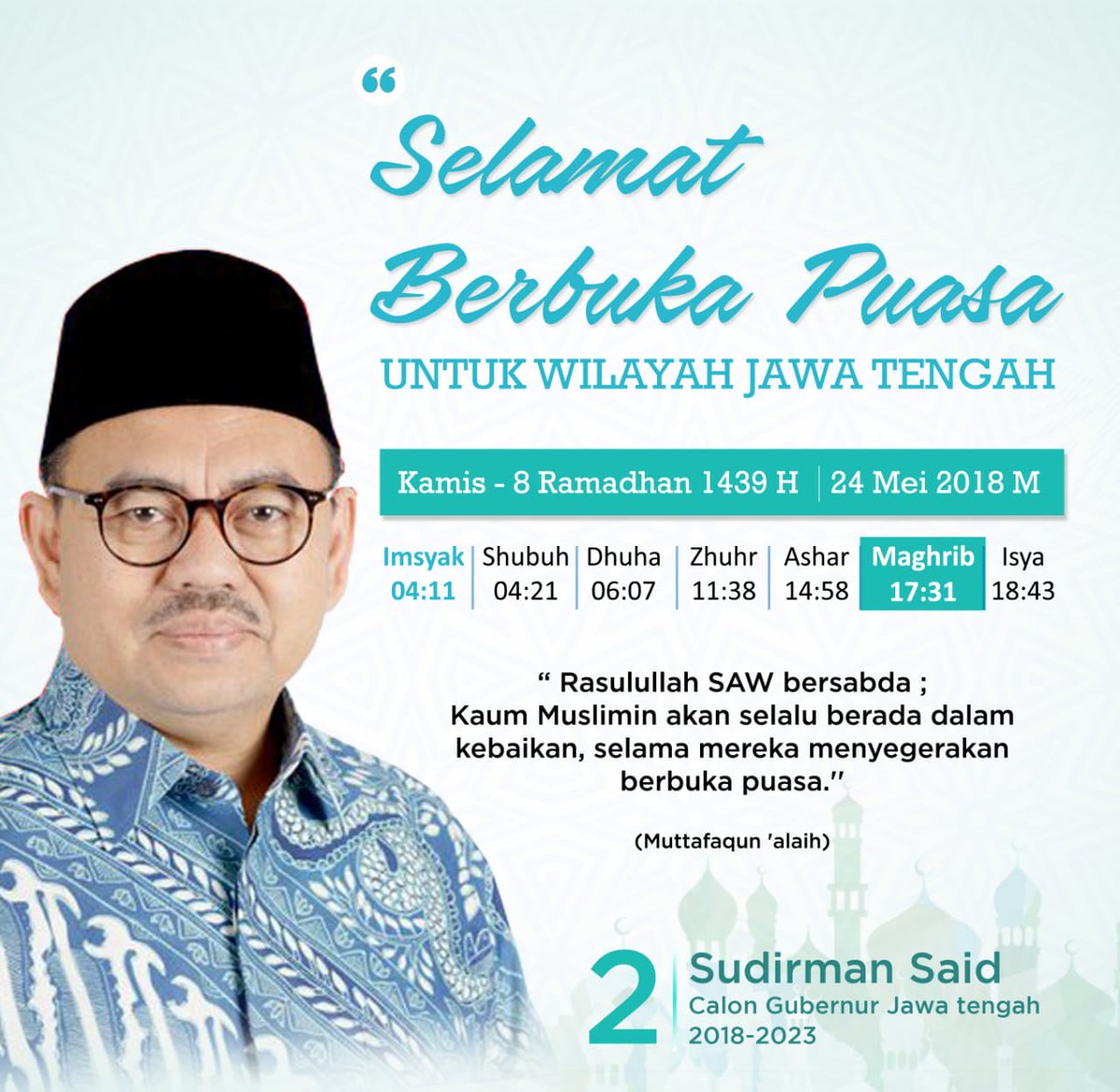 sahabatsudirman's tweet photo. Selamat Berbuka Puasa Hari Ini.
Semoga masih tetap semangat menunaikan ibadah tarawih, tadarrus al-quran, dan shalat malam.
#Dirmanida
#muktibareng
#salam2jari https://t.co/zxubn5LqYd