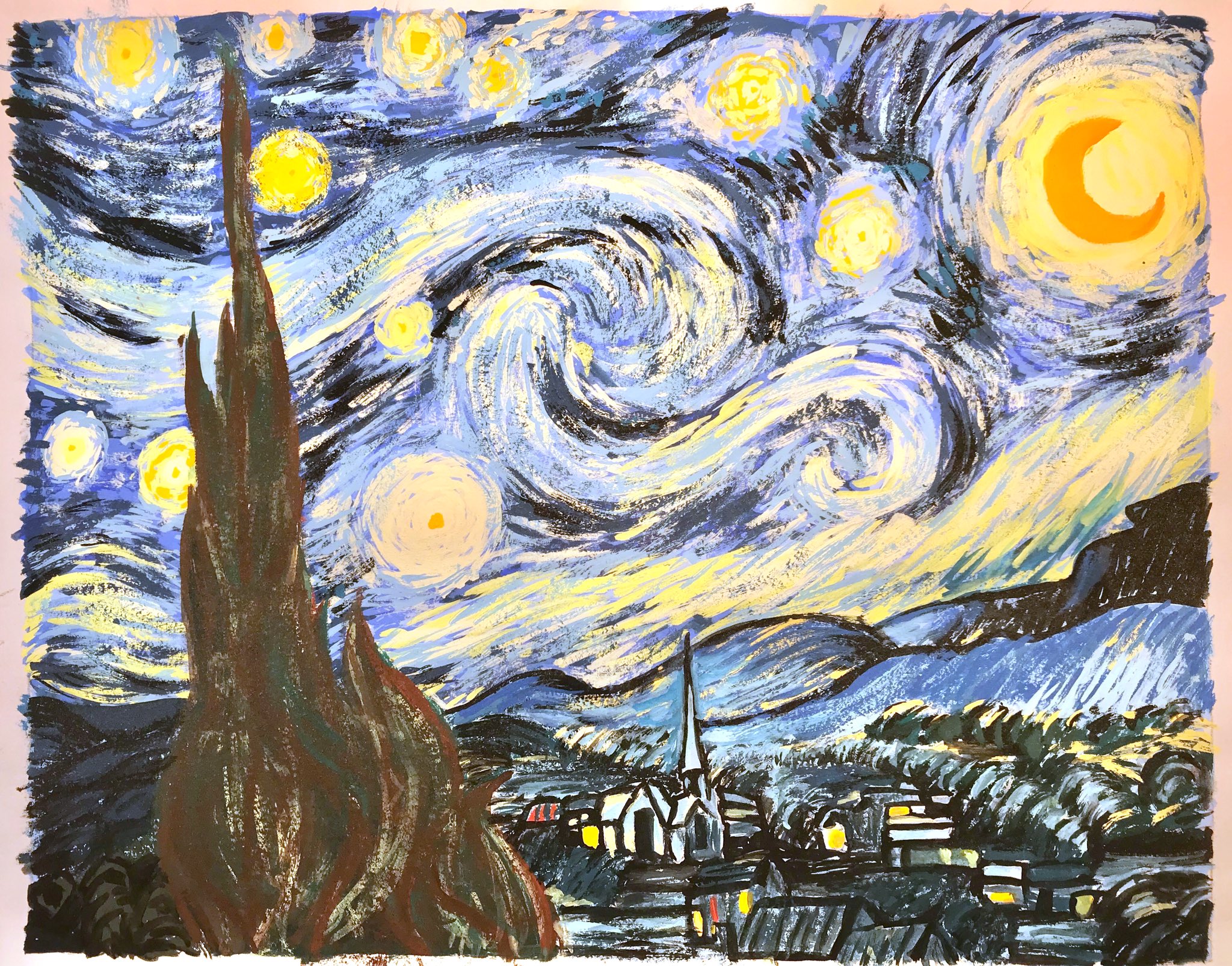 星砂 高校の時に有名な絵画を模写するっていう授業で描いたゴッホの星月夜の模写 わりと自信作なので見て欲しい 星砂 高校の時に有名な絵画を模写するっていう授業で描いたゴッホの星月夜の模写 わりと自信作なので見て欲しい